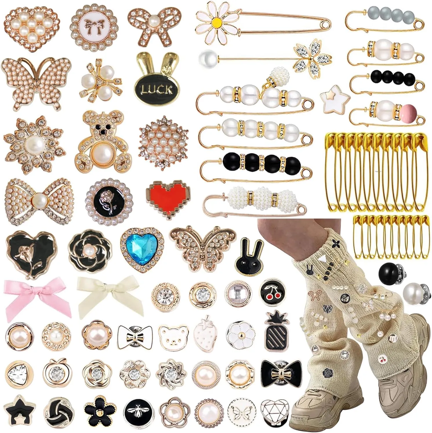 80 Pcs Charms For Socks, Junk Sock Charms Pins, Sneaker Charms Sock Jewelry Charms Pins Kit, Pearl Rhinestone Brooches And Pins For Women, Gold Bling Safety Pins Button For Shoe Sock Hat Clothes Decor