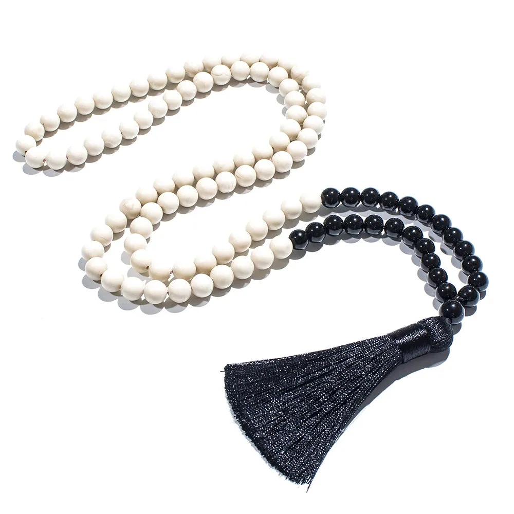 8mm Black Onyx White Fossil 108 Mala Beads Necklace Meditation