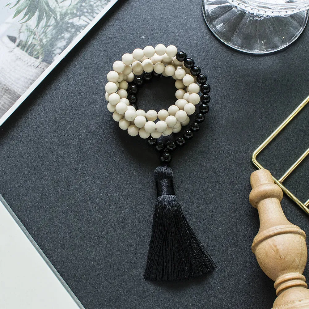 8mm Black Onyx White Fossil 108 Mala Beads Necklace Meditation
