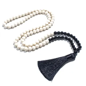 8mm Black Onyx White Fossil 108 Mala Beads Necklace Meditation