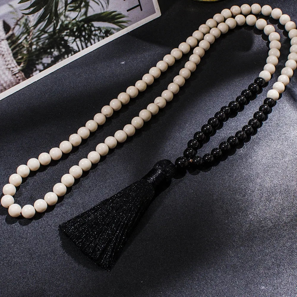 8mm Black Onyx White Fossil 108 Mala Beads Necklace Meditation