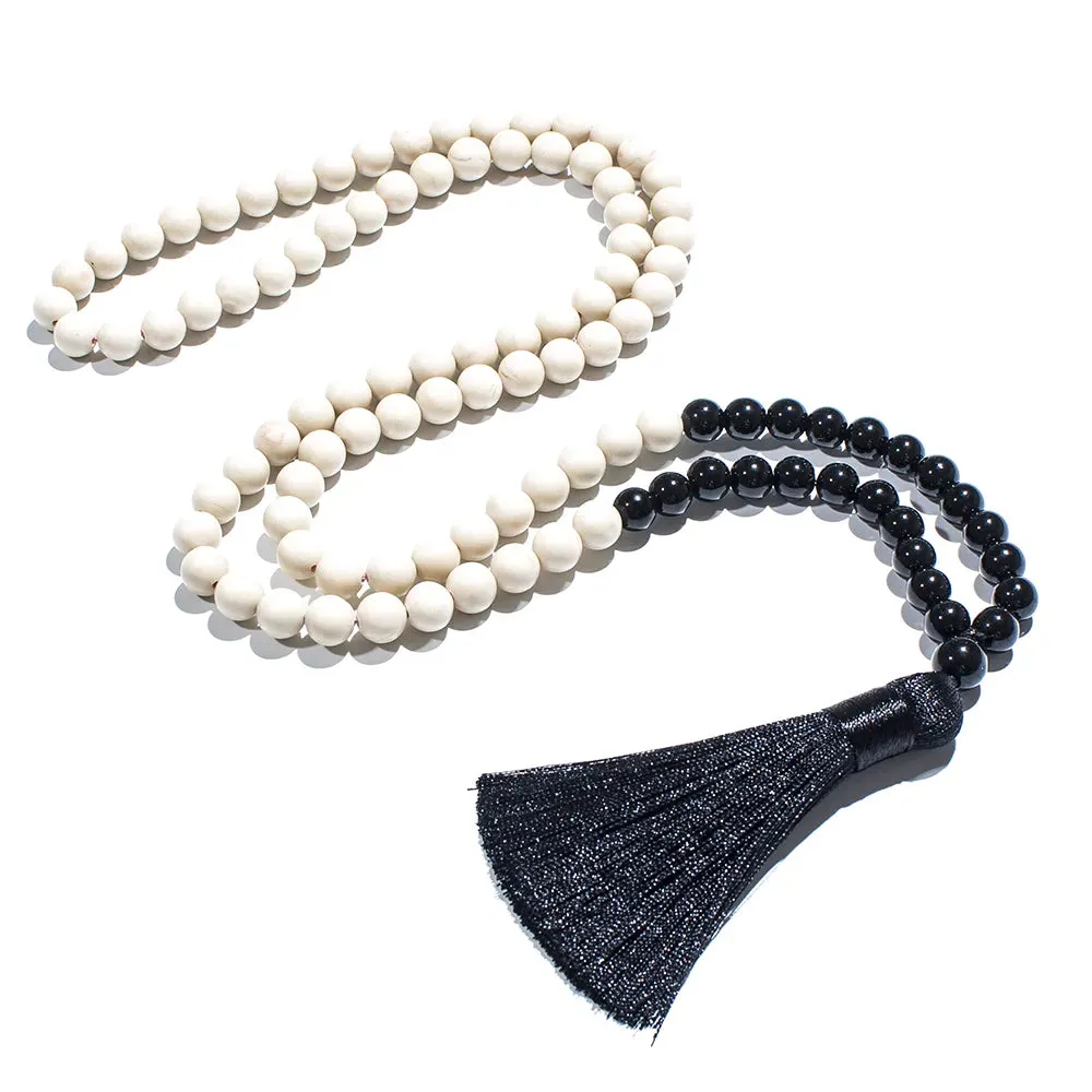 8mm Black Onyx White Fossil 108 Mala Beads Necklace Meditation