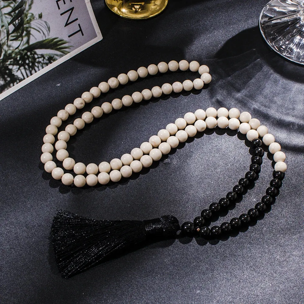 8mm Black Onyx White Fossil 108 Mala Beads Necklace Meditation