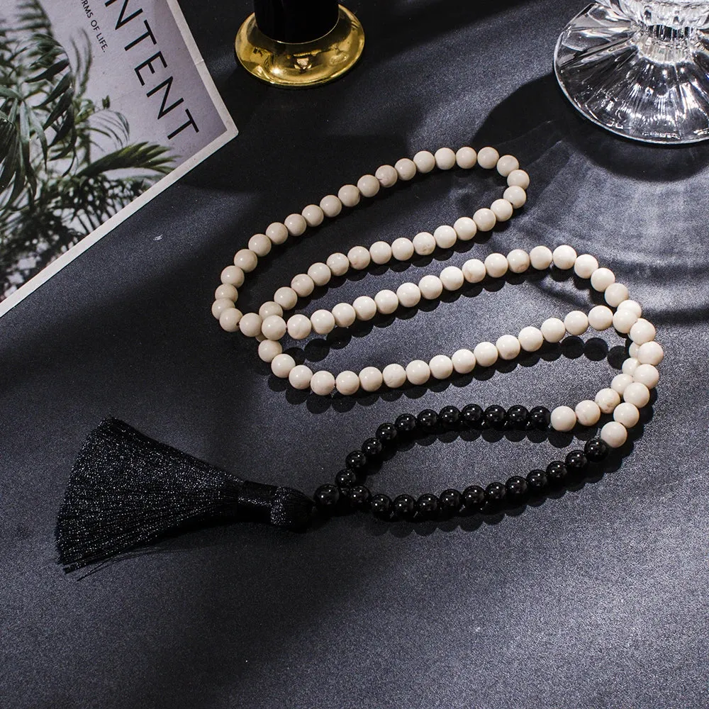 8mm Black Onyx White Fossil 108 Mala Beads Necklace Meditation