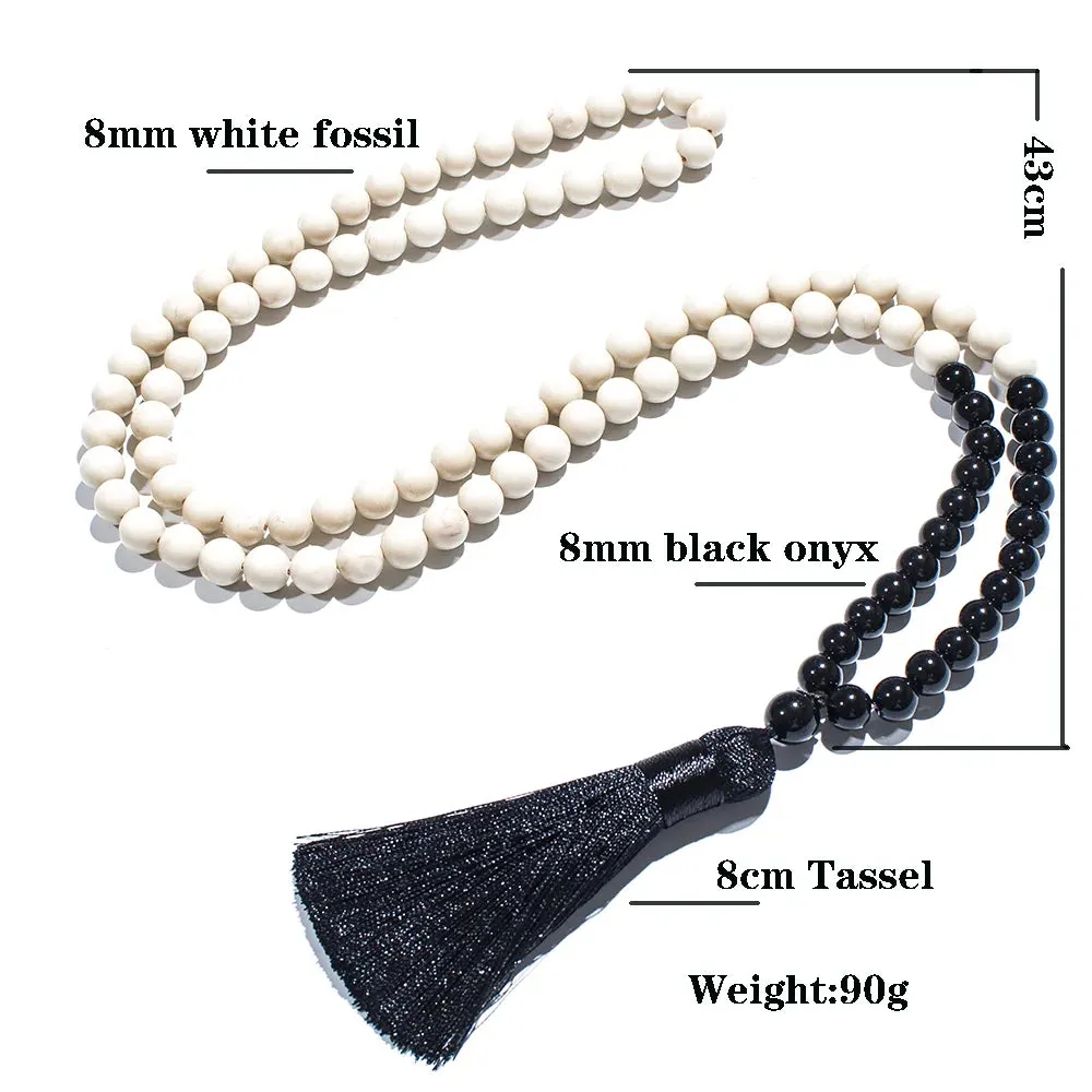 8mm Black Onyx White Fossil 108 Mala Beads Necklace Meditation