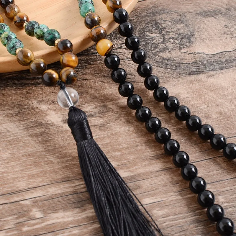 8mm Black Onyx Yellow Tiger Eye African Turquoise 108 Mala Necklace Sets