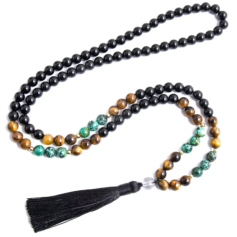 8mm Black Onyx Yellow Tiger Eye African Turquoise 108 Mala Necklace Sets
