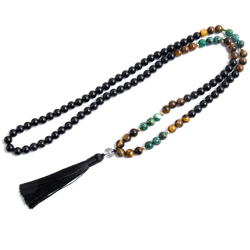 8mm Black Onyx Yellow Tiger Eye African Turquoise 108 Mala Necklace Sets