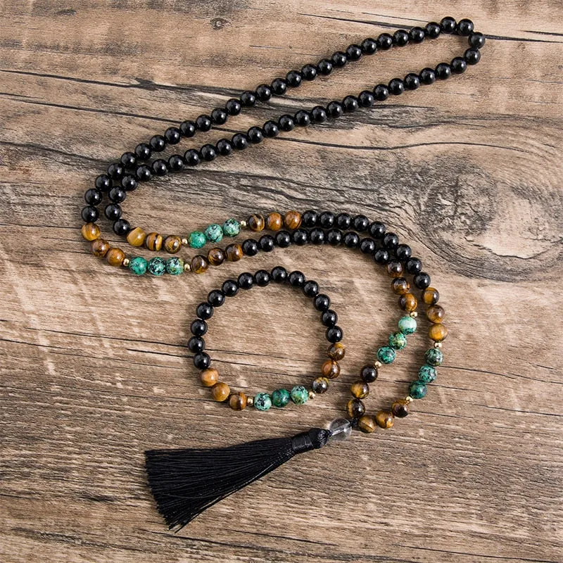 8mm Black Onyx Yellow Tiger Eye African Turquoise 108 Mala Necklace Sets