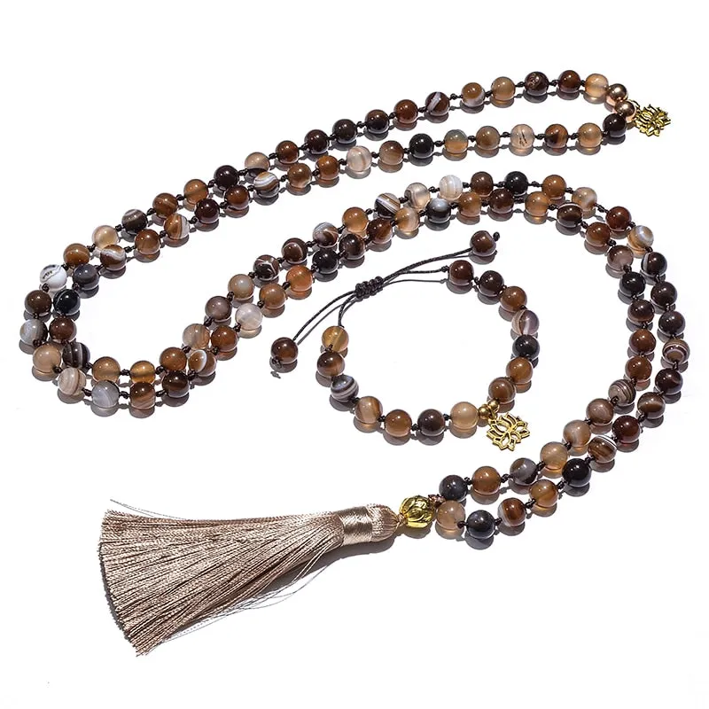 8mm Botswana Agate Beaded Knotted Japamala Necklace Meditation Yoga Blessing Bracelet Set