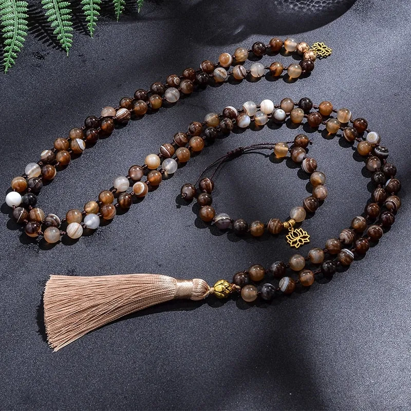 8mm Botswana Agate Beaded Knotted Japamala Necklace Meditation Yoga Blessing Bracelet Set