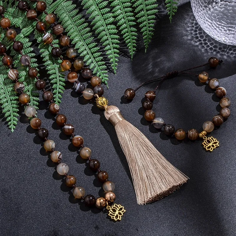 8mm Botswana Agate Beaded Knotted Japamala Necklace Meditation Yoga Blessing Bracelet Set