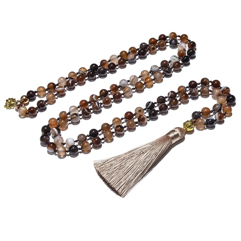 8mm Botswana Agate Beaded Knotted Japamala Necklace Meditation Yoga Blessing Bracelet Set
