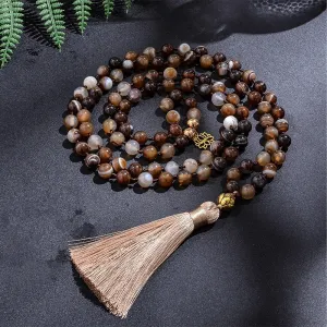 8mm Botswana Agate Beaded Knotted Japamala Necklace Meditation Yoga Blessing Bracelet Set