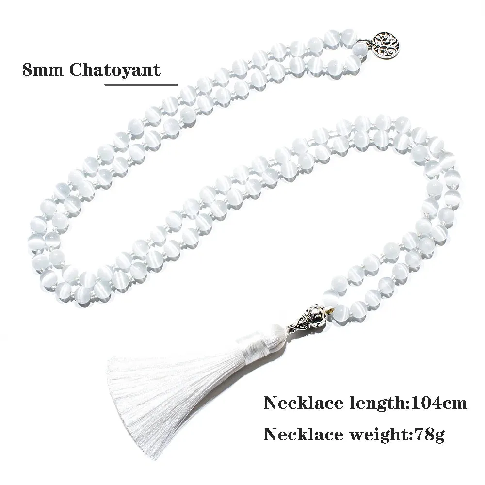 8mm Chatoyant Cat's Eye Stone Cyclophane Beads Knotted 108 Mala Necklace