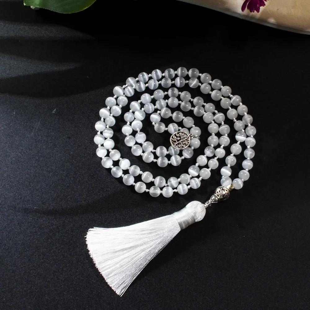 8mm Chatoyant Cat's Eye Stone Cyclophane Beads Knotted 108 Mala Necklace