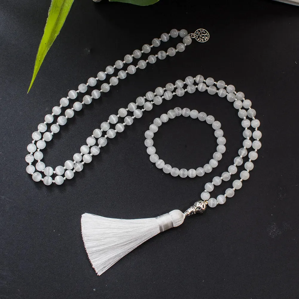 8mm Chatoyant Cat's Eye Stone Cyclophane Beads Knotted 108 Mala Necklace