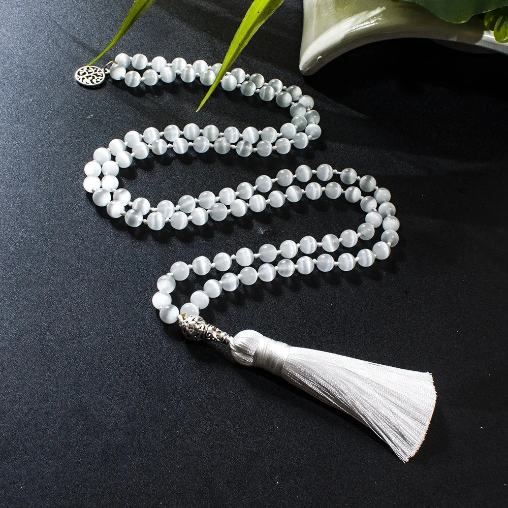 8mm Chatoyant Cat's Eye Stone Cyclophane Beads Knotted 108 Mala Necklace