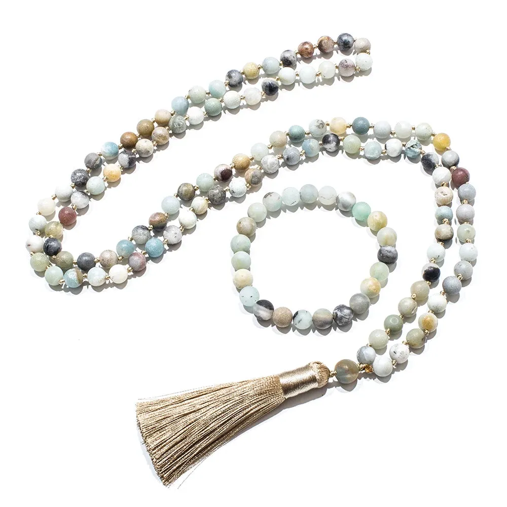 8mm Matte Amazonite Beaded  Knotted 108 Mala Necklace Meditation Yoga Prayer Japamala Jewelry Set