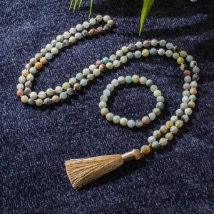 8mm Matte Amazonite Beaded  Knotted 108 Mala Necklace Meditation Yoga Prayer Japamala Jewelry Set