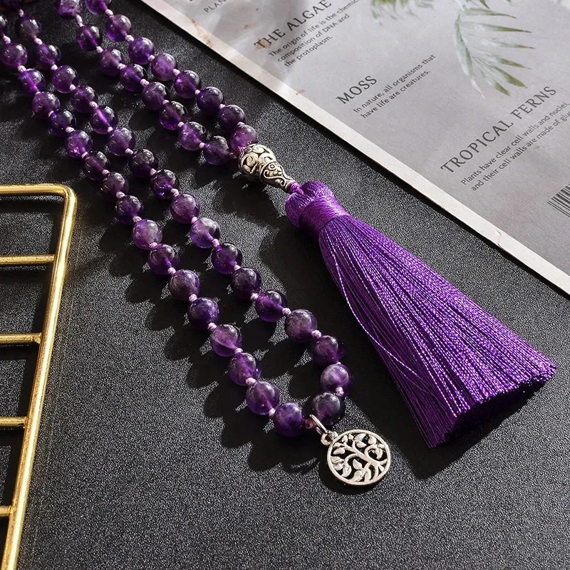 8mm Natural Amethyst Beads Knotted 108 Japa Mala Rosary Necklace