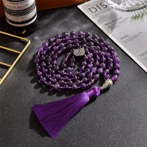 8mm Natural Amethyst Beads Knotted 108 Japa Mala Rosary Necklace