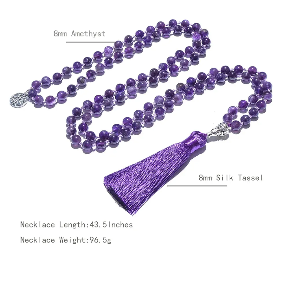 8mm Natural Amethyst Beads Knotted 108 Japa Mala Rosary Necklace