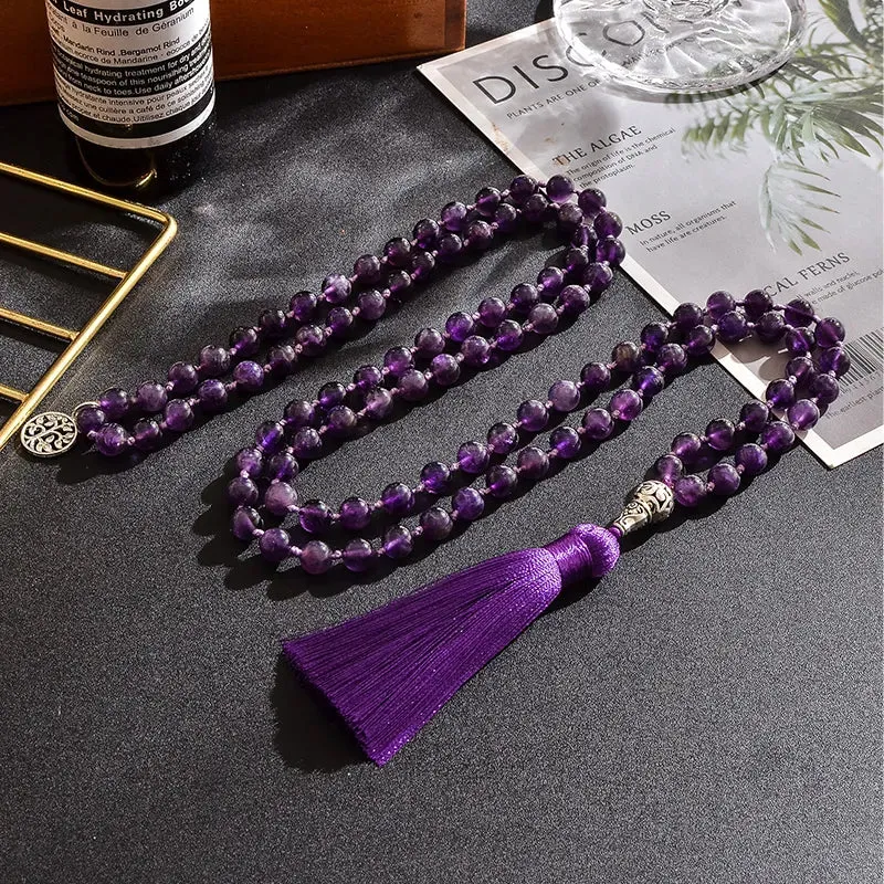8mm Natural Amethyst Beads Knotted 108 Japa Mala Rosary Necklace