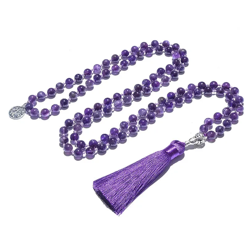 8mm Natural Amethyst Beads Knotted 108 Japa Mala Rosary Necklace