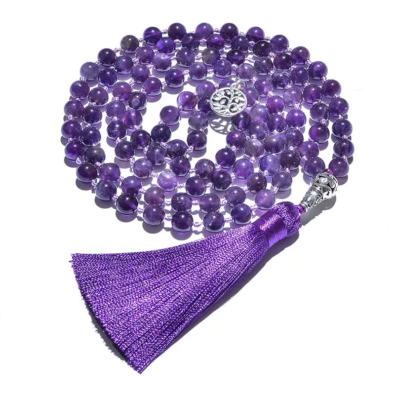 8mm Natural Amethyst Beads Knotted 108 Japa Mala Rosary Necklace