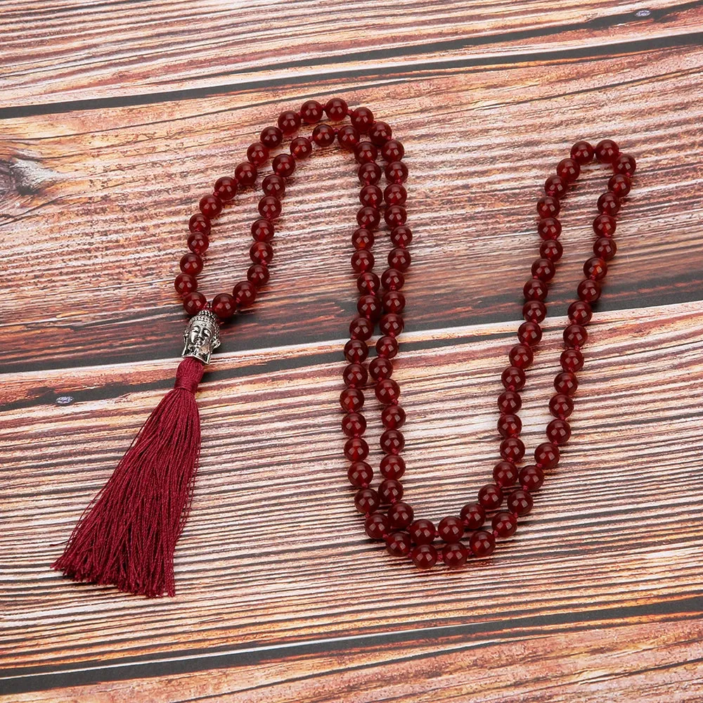 8mm Natural Carnelian Beaded Knotted Necklace Meditation Yoga Blessing Jewelry 108 Japamala Rosary