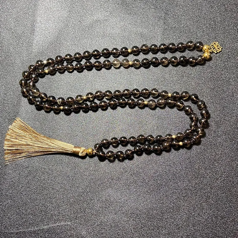 8mm Natural Smoky Quartz Beaded Knotted Mala Necklace
