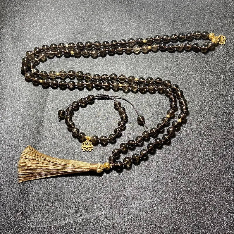 8mm Natural Smoky Quartz Beaded Knotted Mala Necklace