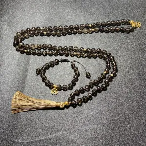 8mm Natural Smoky Quartz Beaded Knotted Mala Necklace