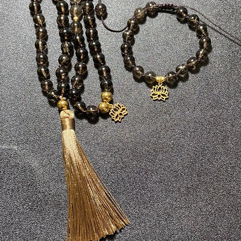 8mm Natural Smoky Quartz Beaded Knotted Mala Necklace