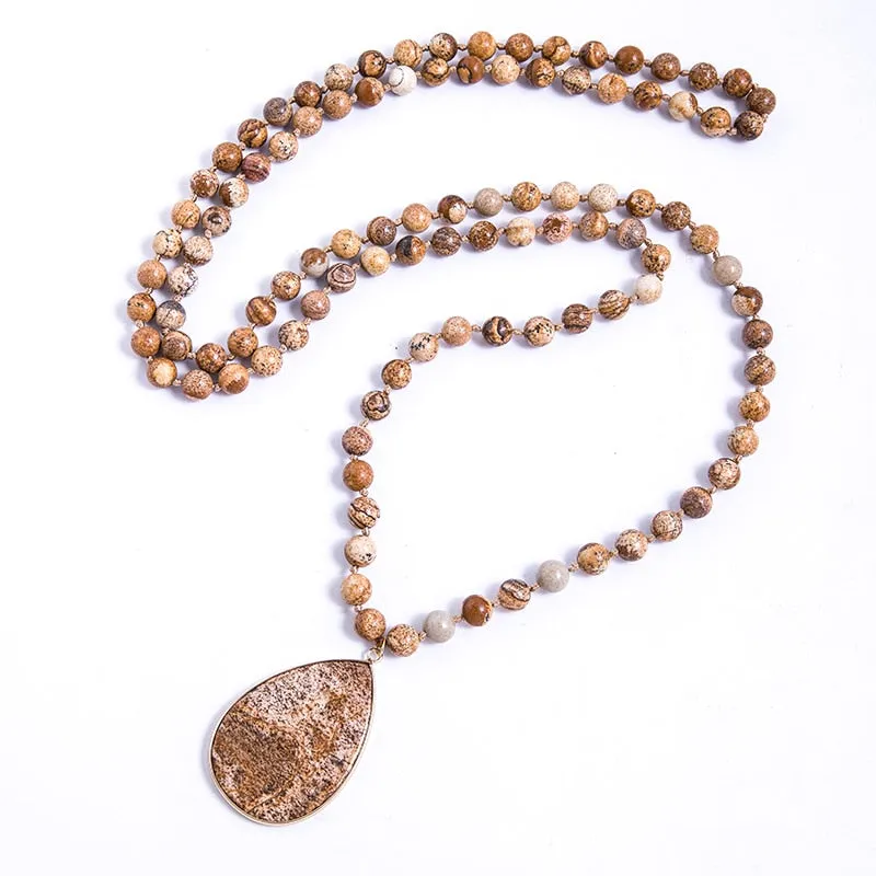 8mm Picture Jaspers, Howlite, Turquoise Beads Knotted Necklace