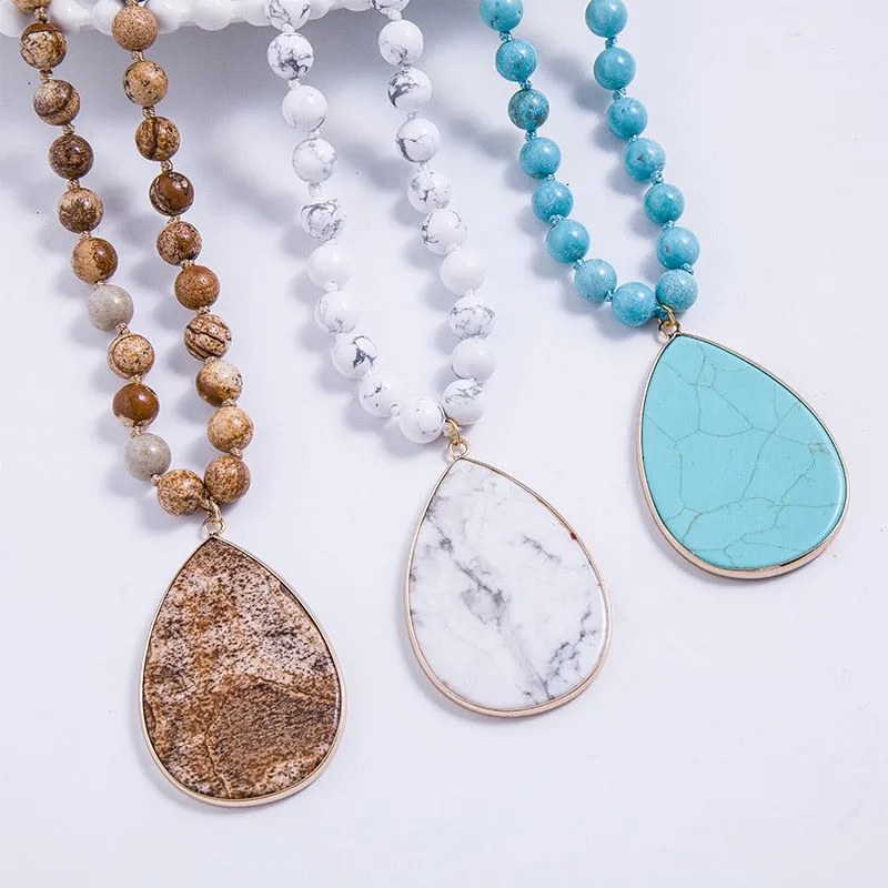 8mm Picture Jaspers, Howlite, Turquoise Beads Knotted Necklace