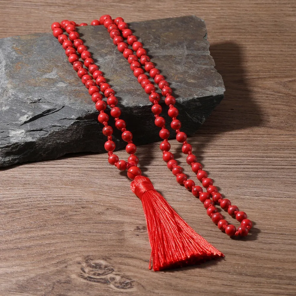 8mm Red Turquoise Beaded Knotted Mala Necklace Meditation Yoga Blessing Healing Jewelry