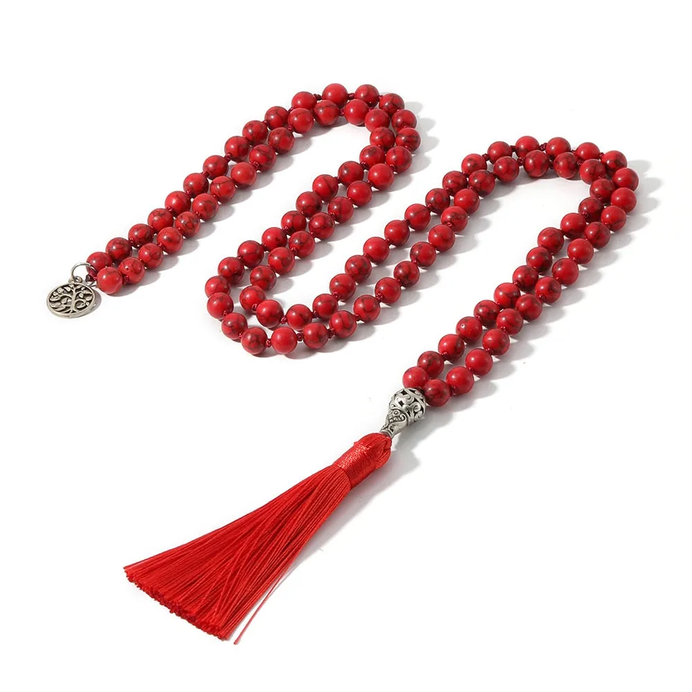 8mm Red Turquoise Beaded Knotted Mala Necklace Meditation Yoga Blessing Healing Jewelry