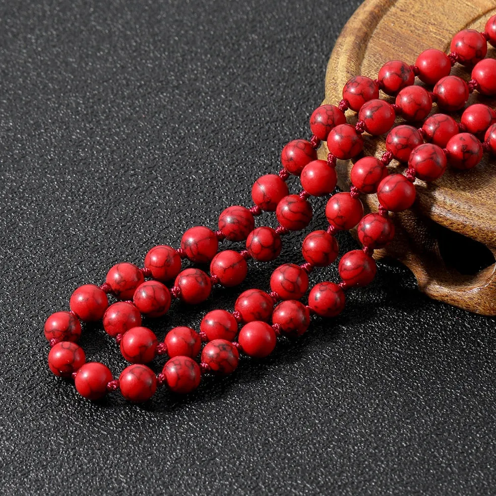 8mm Red Turquoise Beaded Knotted Mala Necklace Meditation Yoga Blessing Healing Jewelry