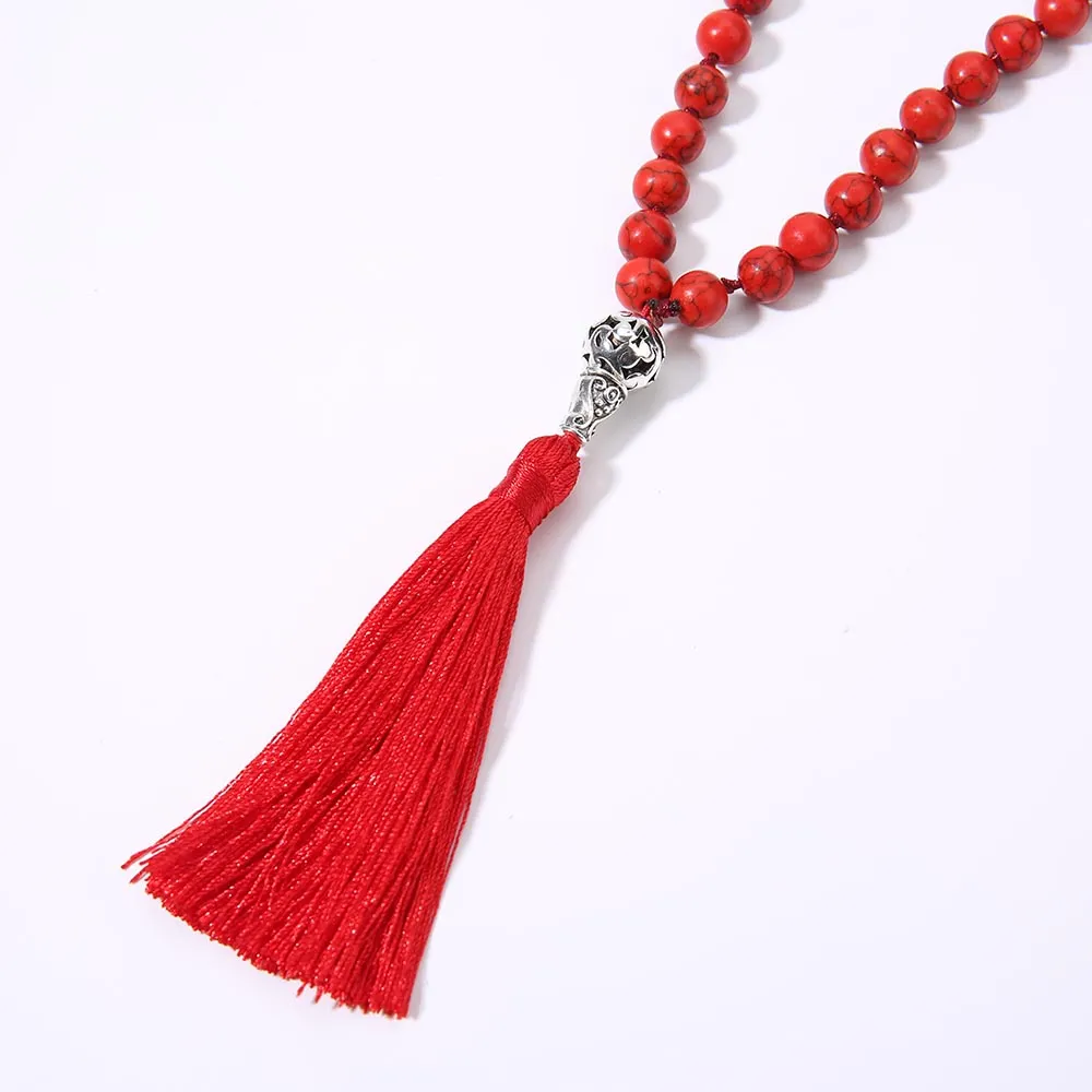 8mm Red Turquoise Beaded Knotted Mala Necklace Meditation Yoga Blessing Healing Jewelry