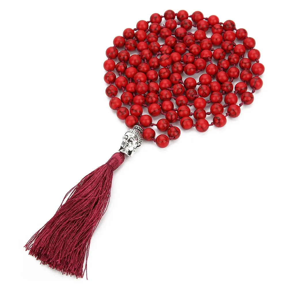 8mm Red Turquoise Beaded Knotted Mala Necklace Meditation Yoga Blessing Healing Jewelry