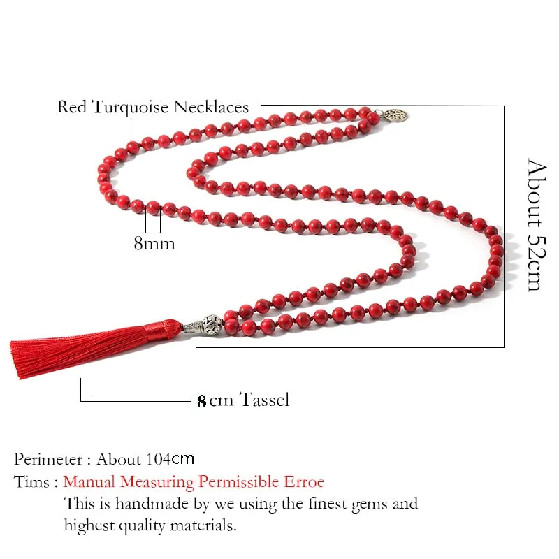 8mm Red Turquoise Beaded Knotted Mala Necklace Meditation Yoga Blessing Healing Jewelry
