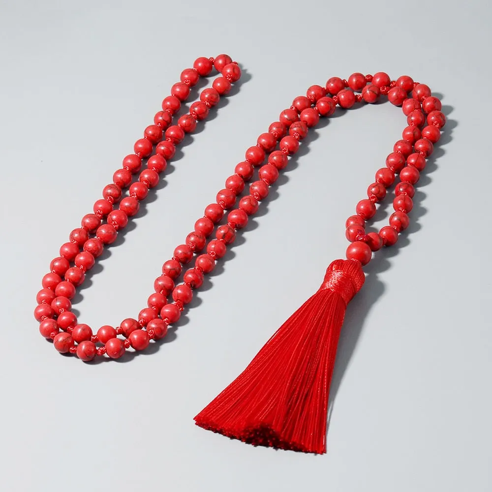 8mm Red Turquoise Beaded Knotted Mala Necklace Meditation Yoga Blessing Healing Jewelry