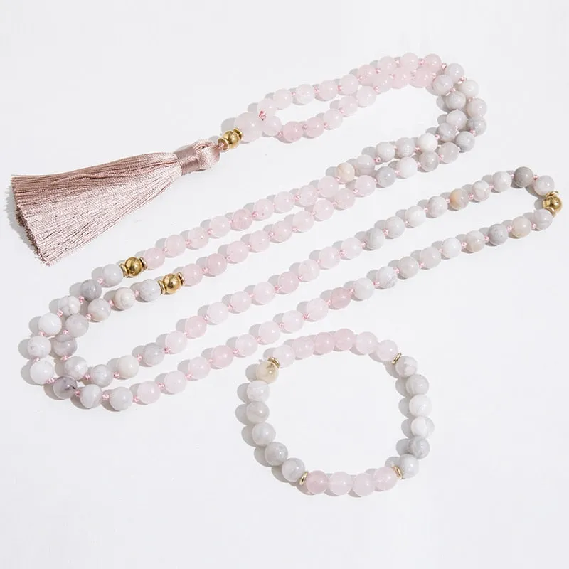 8mm Rose Quartz White Crazy Agate Beads Knotted 108 Japamala Necklace