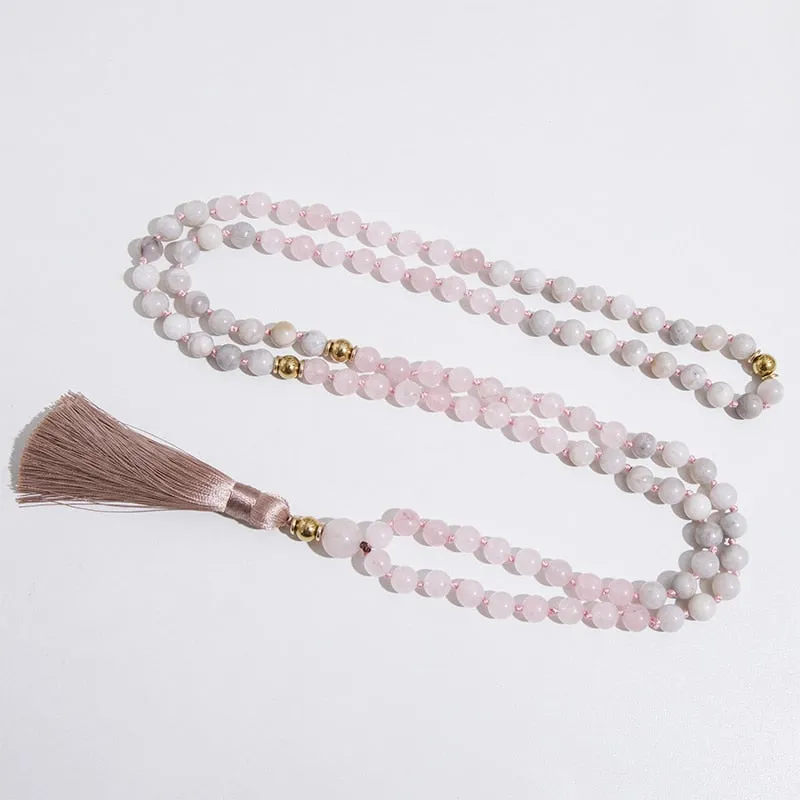 8mm Rose Quartz White Crazy Agate Beads Knotted 108 Japamala Necklace