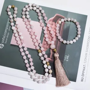8mm Rose Quartz White Crazy Agate Beads Knotted 108 Japamala Necklace