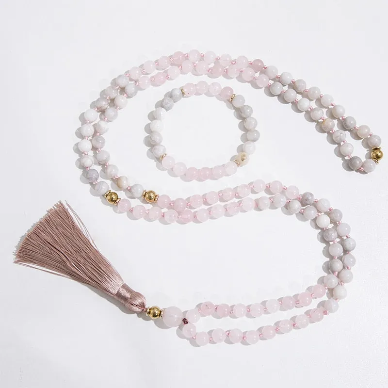 8mm Rose Quartz White Crazy Agate Beads Knotted 108 Japamala Necklace