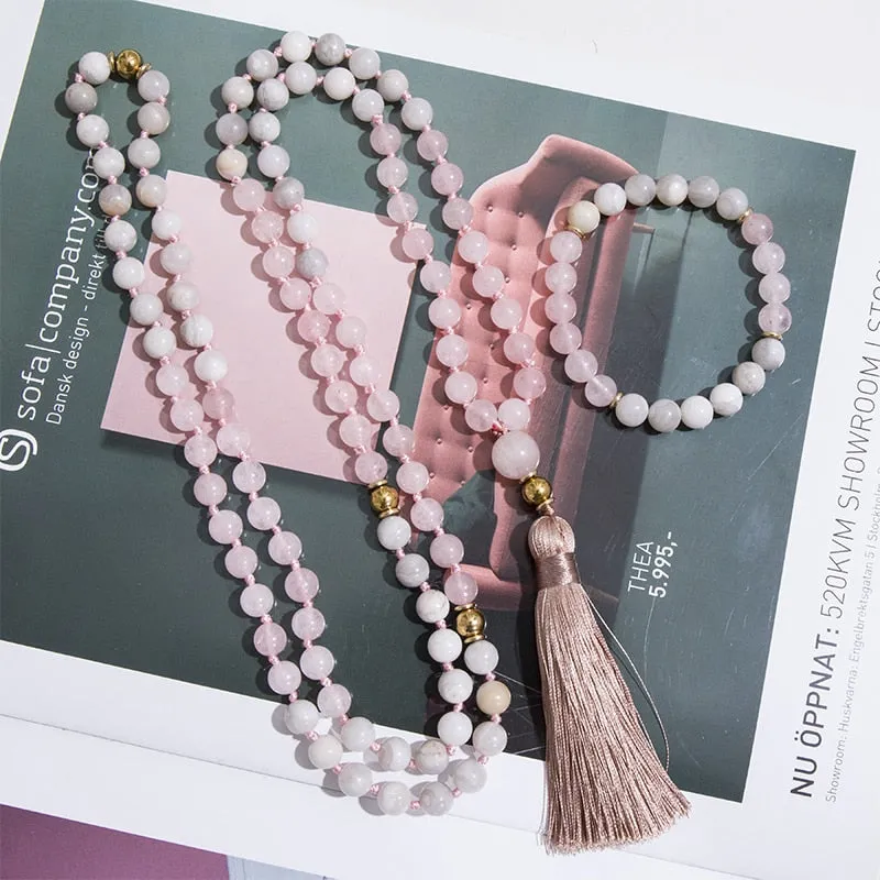 8mm Rose Quartz White Crazy Agate Beads Knotted 108 Japamala Necklace