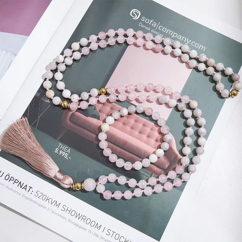 8mm Rose Quartz White Crazy Agate Beads Knotted 108 Japamala Necklace